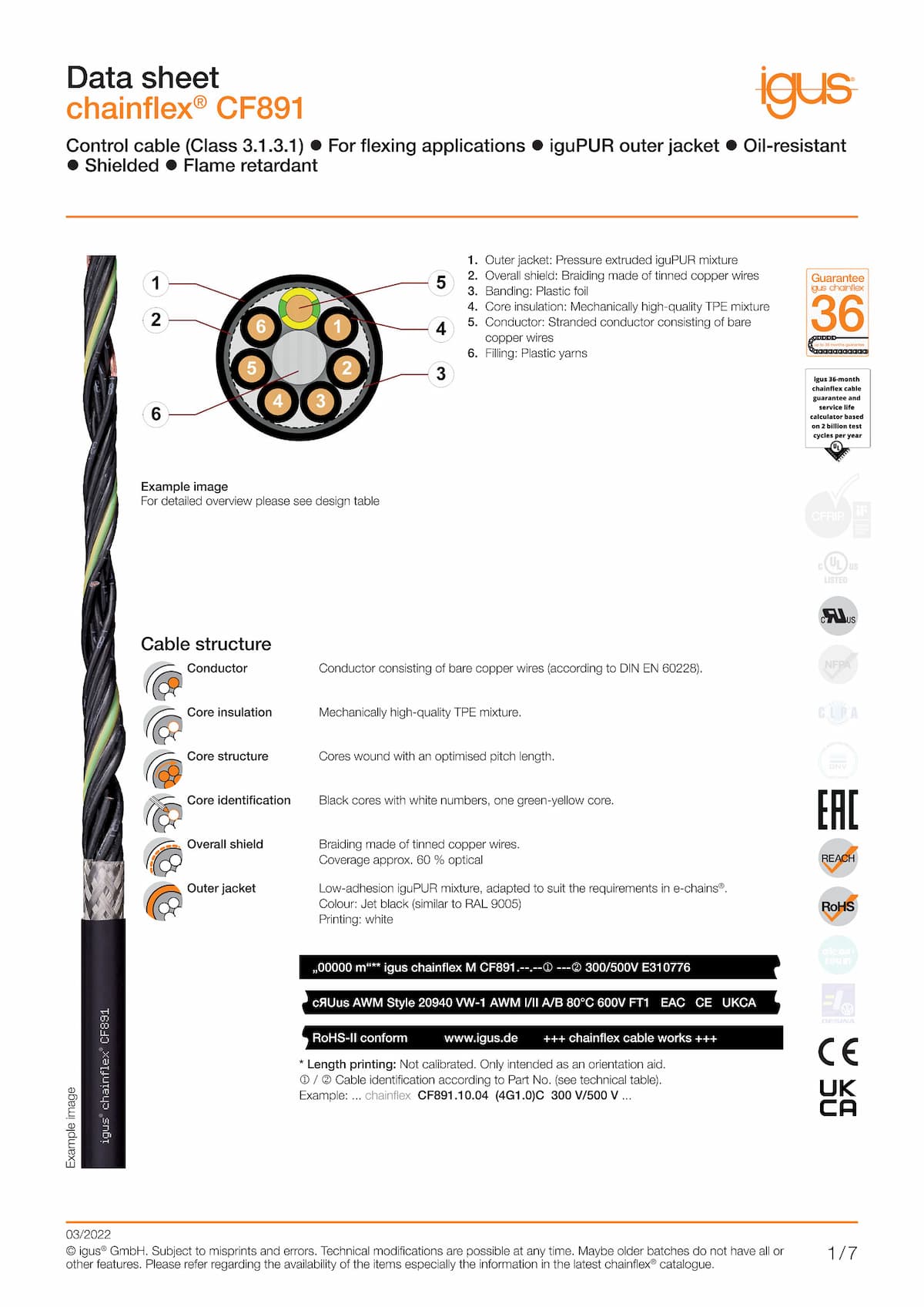 Technical data sheet chainflex® control cable CF891