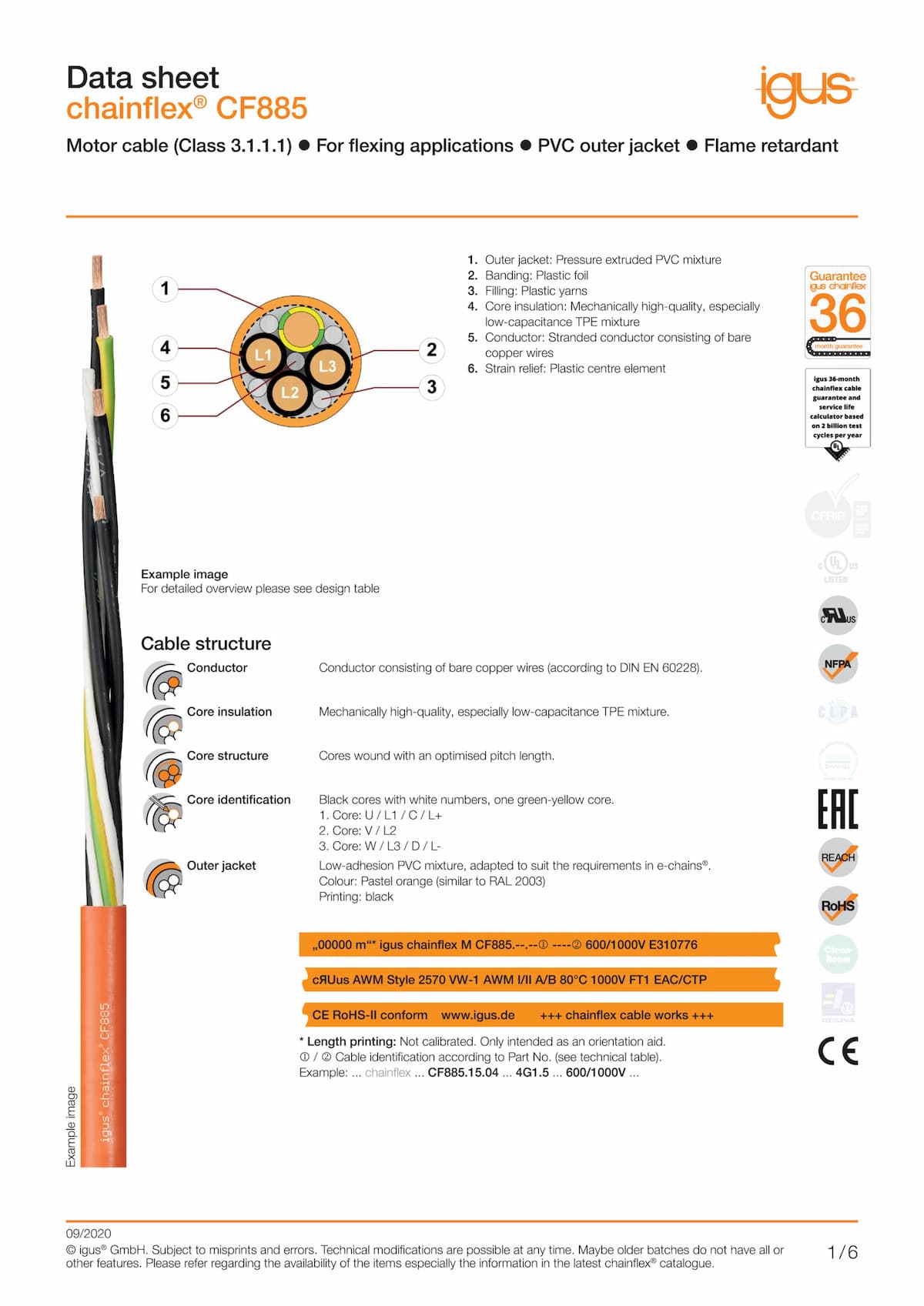 Technical data sheet chainflex® motor cable CF885